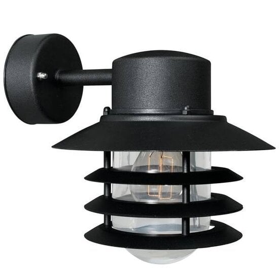 Vejers Aussenwandleuchte, schwarzes Metall mit Glasschirm, Lichtaustritt nach unten, Fassung E27, IP54 spritzwassergeschuetzt, Durchmesser 220mm