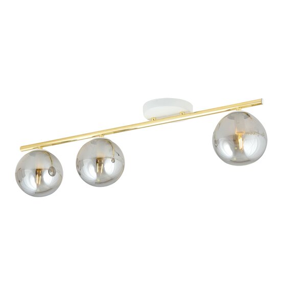 Emibig Emibig Lámpara de techo larga blanca y de latón 3x E14 con bolas de vidrio ahumado - Ideal para crear una atmósfera cálida y elegante