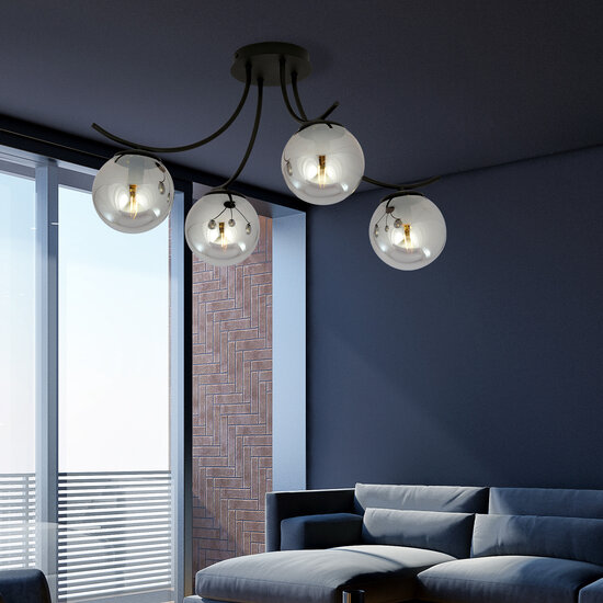 Emibig Emibig Lámpara de techo de vidrio ahumado Copenhague negra con 4 bolas de vidrio - Ideal para interiores modernos