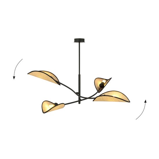Emibig Emibig Zwart met rotan hanglamp met 4 armen en transparante bladeren - Creëer een sfeervolle ambiance in uw ruimte