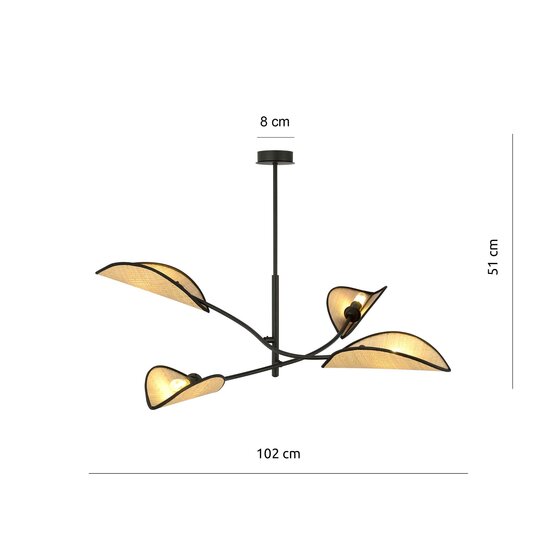 Emibig Emibig Zwart met rotan hanglamp met 4 armen en transparante bladeren - Creëer een sfeervolle ambiance in uw ruimte