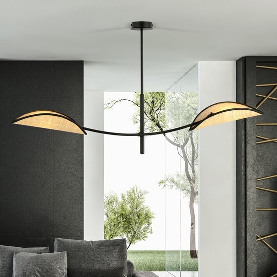 Emibig Emibig Zwart en rotan hanglamp met 2 gebogen armen - Perfect voor een sfeervolle inrichting
