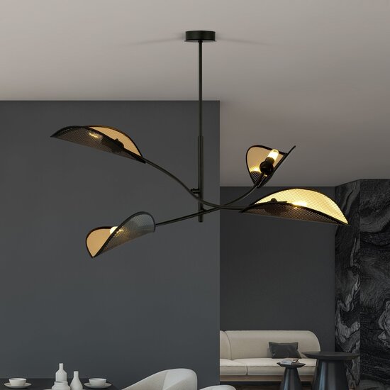 Emibig Emibig lampe suspendue noire et dorée avec 4 bras et feuilles transparentes - Parfaite pour une ambiance élégante