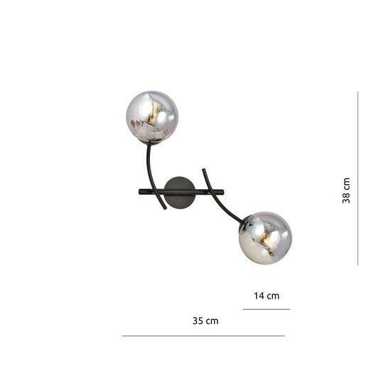 Emibig Emibig Wandlamp met 2 zwarte boog armen en glazen gerookte bollen E14 - Perfecte sfeerverlichting voor elke ruimte