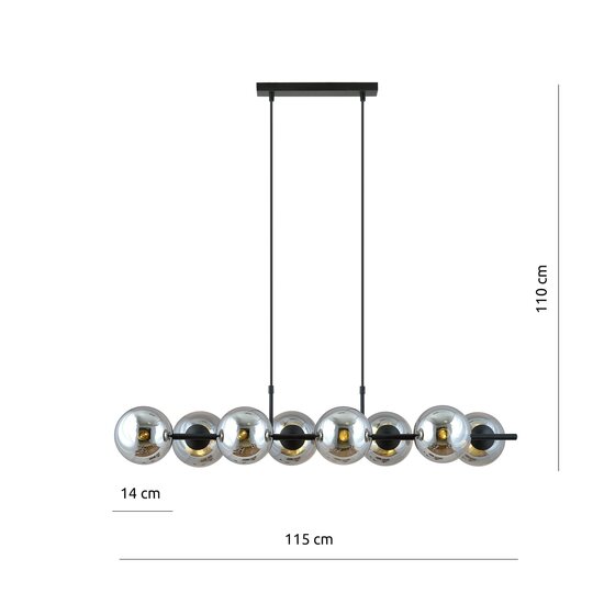 Emibig Emibig Mooie 8 lamp zwarte hanglamp met rookglas bollen en E14 aansluiting - Perfect voor een stijlvolle ambiance