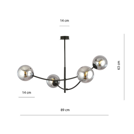 Emibig Emibig Schwarze Hängelampe mit 4 gebogenen Armen und rauchfarbenen Glühbirnen E14 - Ideal für eine gemütliche Atmosphäre