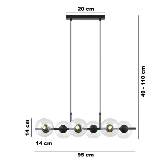 Emibig Emibig 6 lamp zwarte pendellamp zwart en met transparante glazen bollen E14 - Perfect voor een Scandinavische sfeer