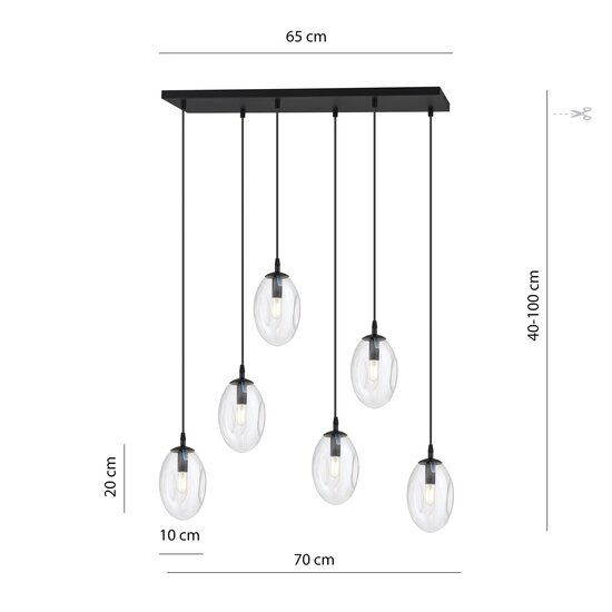 Emibig Emibig Lange 6 licht zwarte pendel met 6 glazen geblazen transparant glas - Creëer een sfeervolle ambiance in uw ruimte