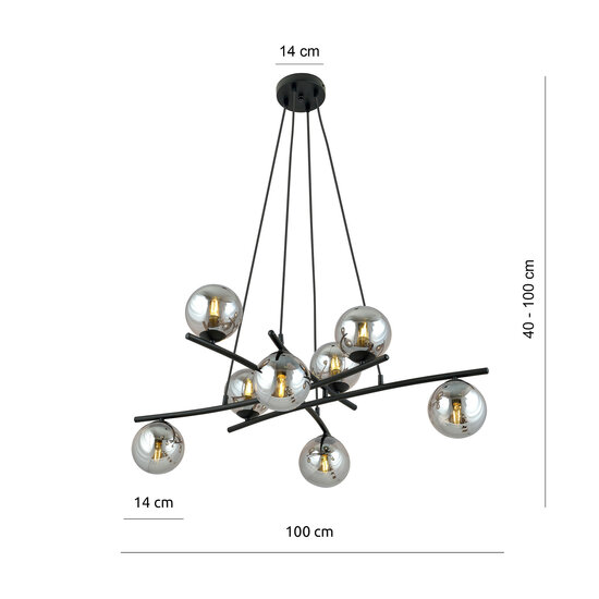 Emibig Emibig Uitzonderlijk grote zwarte hanglamp met 8 gefumeerde glazen bollen E14 - Perfect voor een stijlvolle ambiance