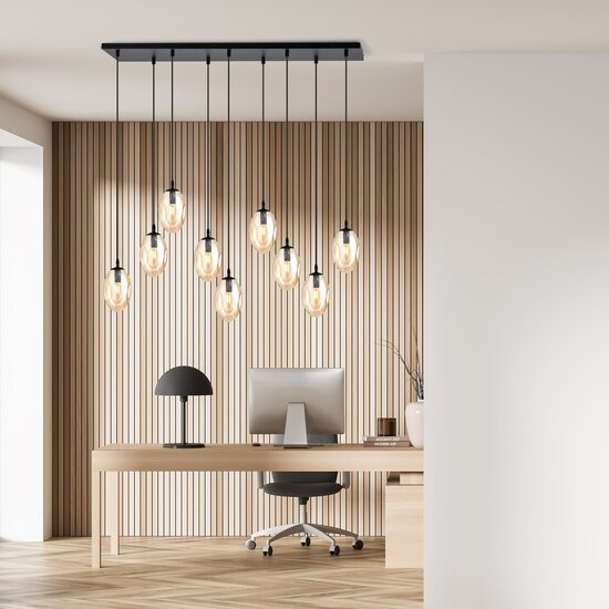 Emibig Emibig Lámpara colgante llamativa negra con 9 colgantes de vidrio ámbar - Iluminación única para cualquier interior