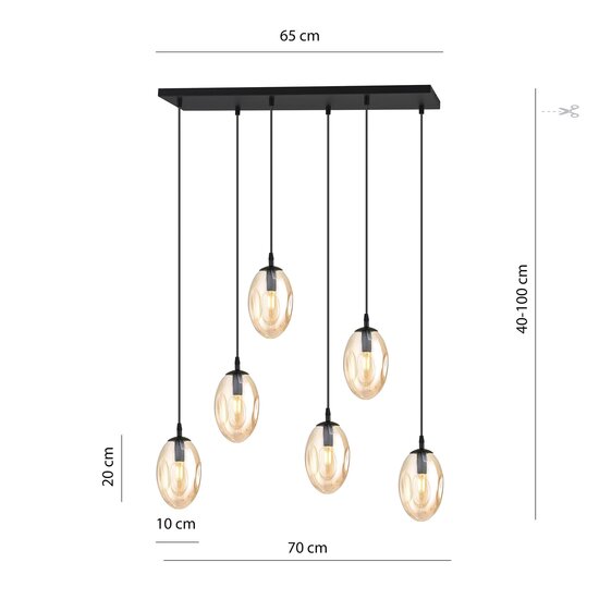 Emibig Emibig Large long hanging lamp with 6 amber-coloured glass pendants E14 - Ideal for creating a cozy atmosphere