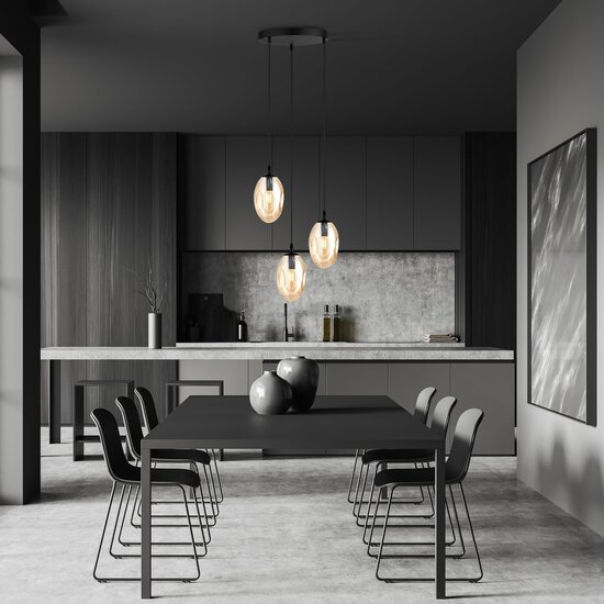 Emibig Emibig Hanglamp met 3 pendels E14 zwart enkel amberkleur glas - Perfect voor sfeervolle eetkamers