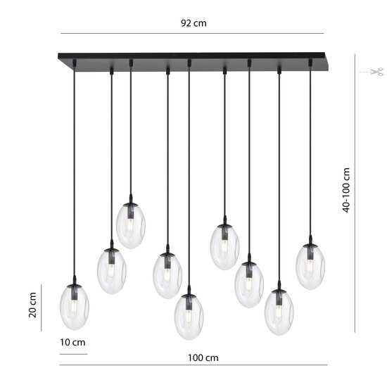 Emibig Emibig Exceptionally long black hanging lamp with 9 transparent glasses E14 - Ideal for creating a cozy atmosphere