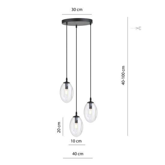 Emibig Emibig 3 lumières suspension noire avec 3x E14 verre transparent soufflé - Idéale pour un éclairage élégant