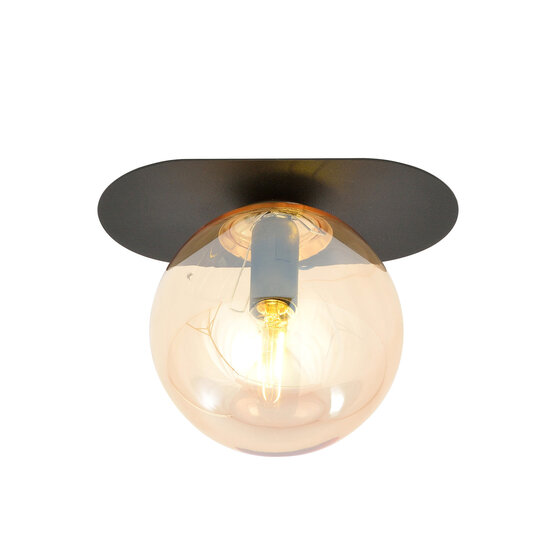 Emibig Emibig Randers mooie ovale plafondlamp zwart met amber glazen bol E14 - Perfect voor een stijlvolle ambiance