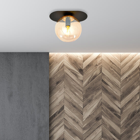 Emibig Emibig Randers mooie ovale plafondlamp zwart met amber glazen bol E14 - Perfect voor een stijlvolle ambiance
