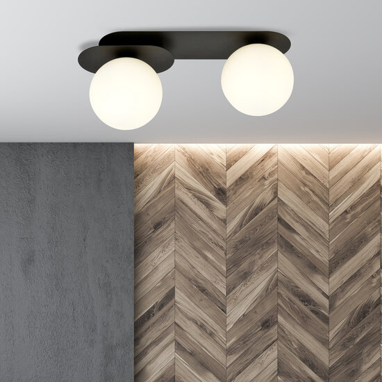 Emibig Emibig Randers dubbele ovalen plafondlamp zwart met 2 witte glazen bollen E14 - Perfecte verlichting voor elke ruimte