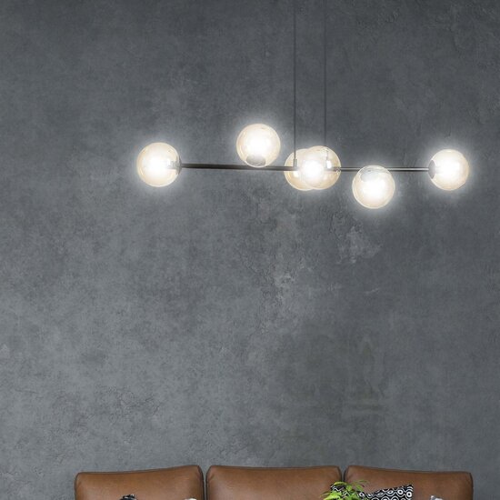 Emibig Emibig Lejre elegante zwarte 6 lampen E14 medium hanglamp met 6 amberkleurige bollen - Perfecte verlichting voor jouw woonkamer