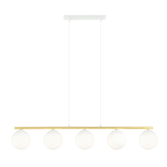 Emibig Emibig Hele lange witte en messing hanglamp 5x E14 melkglas bollen - Perfect voor een sfeervolle verlichting in uw interieur