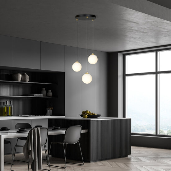 Emibig Emibig lampe suspendue 3 ampoules noire avec laiton et verre blanc - Éclairage élégant pour tous les intérieurs