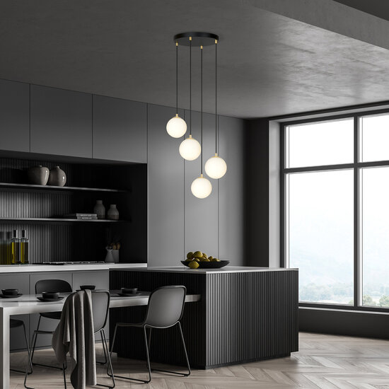 Emibig Emibig Pendelleuchte mit 4 Glühbirnen, schwarz mit Messing und weißem Glas - Elegante Beleuchtung für jeden Raum