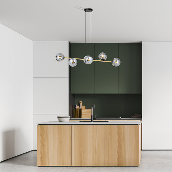 Emibig Emibig Hanglamp zwart en messing met 6 gefumeerde glazen bollen - Perfecte sfeerverlichting voor elke ruimte