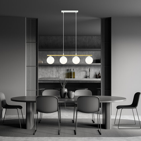 Emibig Emibig Lange wit en messing hanglamp 4x E14 melkglas bollen - Perfecte verlichting voor elke ruimte