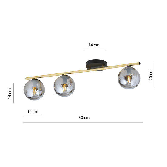 Emibig Emibig Lámpara de techo larga 3x E14 latón y negro con bolas de vidrio ahumado - Ideal para una iluminación elegante en su interior