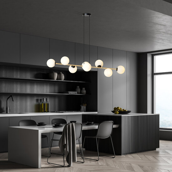 Emibig Emibig Pendellamp messing en zwart met 8 witte glazen bollen - Perfecte sfeerverlichting voor elke ruimte