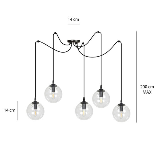 Emibig Emibig Uppsala lampe pendante noire 5L avec verre transparent 5x E14 - Éclairage élégant pour tous les espaces