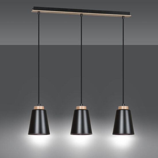 Emibig Emibig Kaarina longue 3L lampe suspendue noire avec bois 3x E27 - Idéale pour ajouter une touche moderne à votre espace