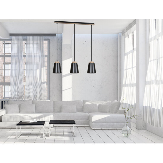 Emibig Emibig Kaarina lange 3L schwarze Pendelleuchte mit Holz 3x E27 - Ideal für einen modernen Akzent in Ihrem Raum