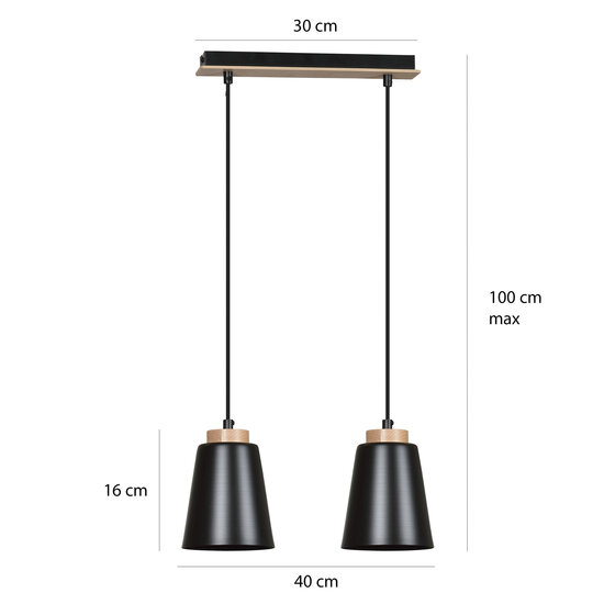 Emibig Emibig Kaarina 2L schwarze Pendelleuchte mit Holz 2x E27 - Perfekte Beleuchtung für jeden Raum