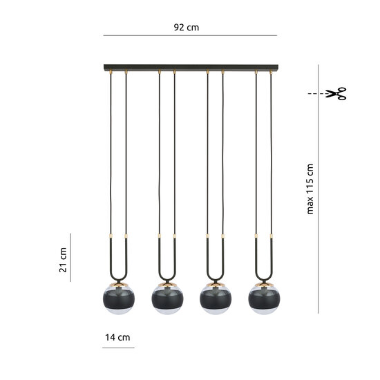 Emibig Emibig Aarhus 4 lamp zwart en doorzichtig glas E14 grote hanglamp 92 cm breedte - Perfect voor een stijlvolle ambiance in uw interieur