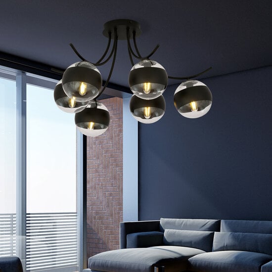 Emibig Emibig Schwarze 6-flammige Deckenleuchte Copenhagen mit gestreiften Glühbirnen aus Glas E14 - Ideales Licht für jedes Schlafzimmer