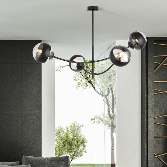 Emibig Emibig Zwarte hangende lamp met 4 gebogen armen en gestreepte bollen E14 - Perfect voor een stijlvolle verlichting in uw interieur