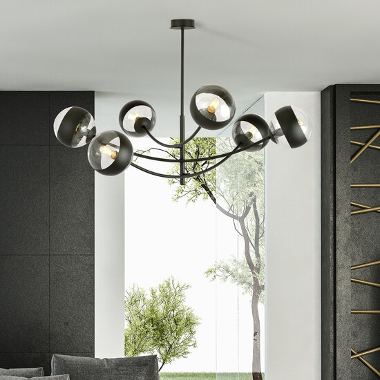 Emibig Emibig Pendelende verlichting met 6 gebogen armen zwart en gestreepte bollen E14 - Creëer een sfeervolle ambiance in uw ruimte