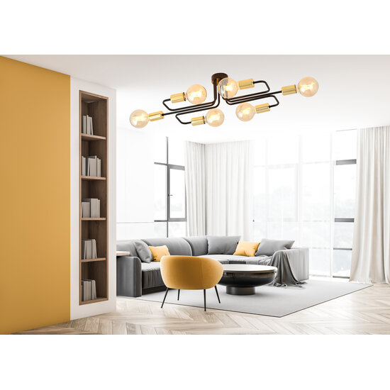 Emibig Emibig Smalle zwarte plafondlamp met 6 gouden E27 aansluitingen - Perfect voor een stijlvolle verlichting