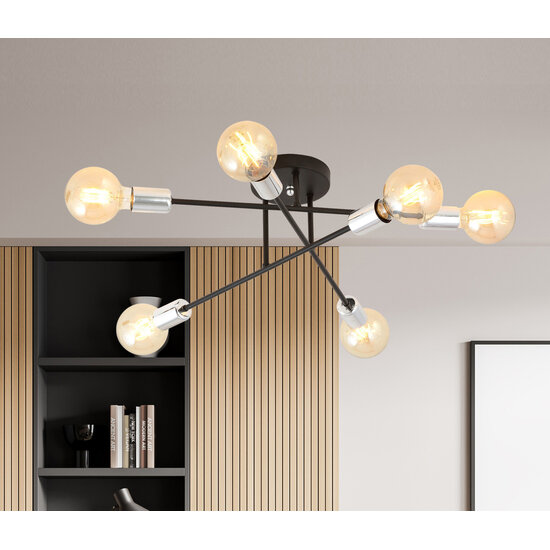 Emibig Emibig Plafondlamp zwart met 6 armen zilveren E27 voet - Perfecte verlichting voor elke ruimte