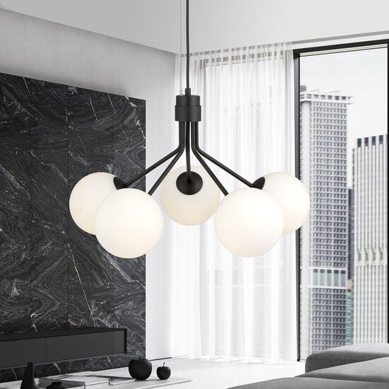 Emibig Emibig Kolding negra 5 lámparas colgantes bolas de vidrio blanco E14 - Iluminación ideal para cualquier espacio