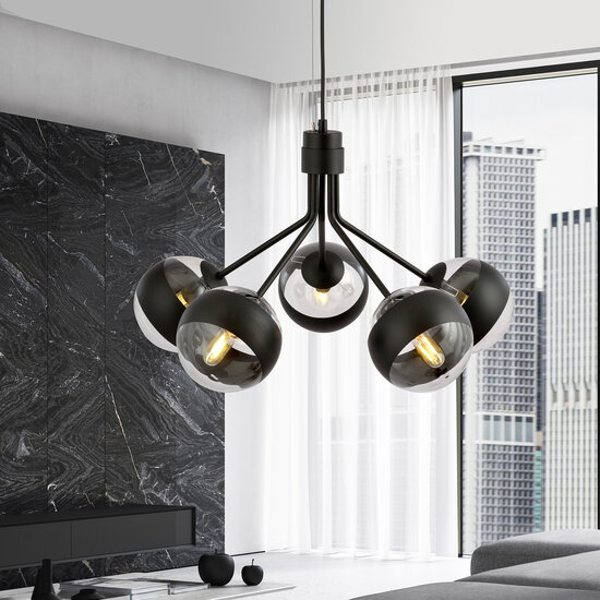 Emibig Emibig Kolding zwart gestreepte 5 lamp hanglamp glazen bollen E14 - Perfecte verlichting voor jouw woonkamer