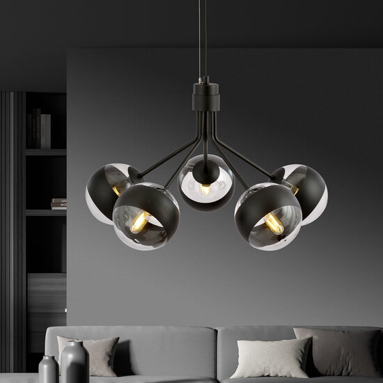 Emibig Emibig Kolding black striped 5 lamp hanging lamp glass balls E14 - Ideal lighting for your living room