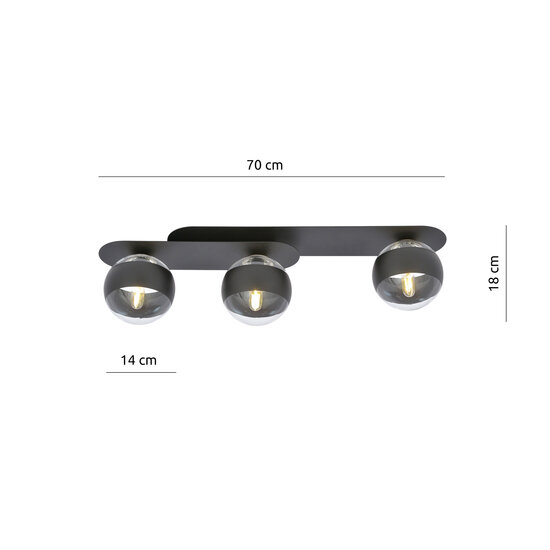Emibig Emibig Randers elegante lámpara de techo ovalada negra triple con 3 bombillas de vidrio rayadas E14 - Ideal para una iluminación moderna