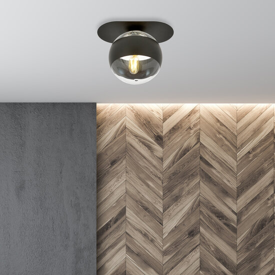 Emibig Emibig Randers elegante lámpara de techo ovalada negra con bola de vidrio rayada E14 - Perfecta para una iluminación elegante en cualquier habitación