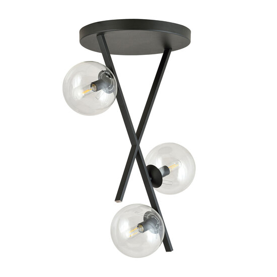 Emibig Emibig Lámpara de techo negra con varillas colgantes y 3 bolas de vidrio redondas transparentes E14 - Perfecta para interiores modernos