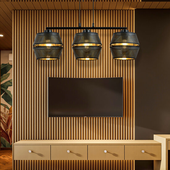 Emibig Emibig Lámpara colgante perforada completamente negra 3x E27 con interior dorado - Ideal para una atmósfera elegante