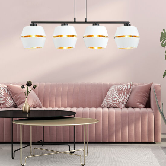 Emibig Emibig Suspension noire 4x E27 blanche avec capuchons dorés en métal - Parfaite pour les intérieurs modernes