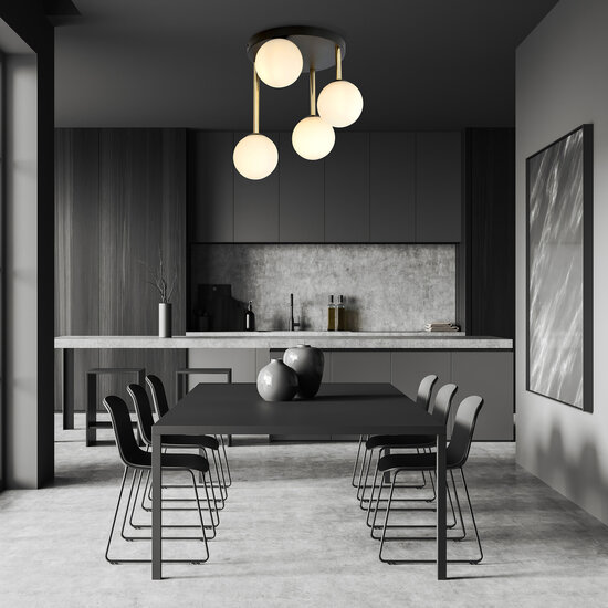Emibig Emibig Plafonnier noir tendance 4x E14 verre dépoli et abat-jours en laiton - Idéal pour un intérieur élégant