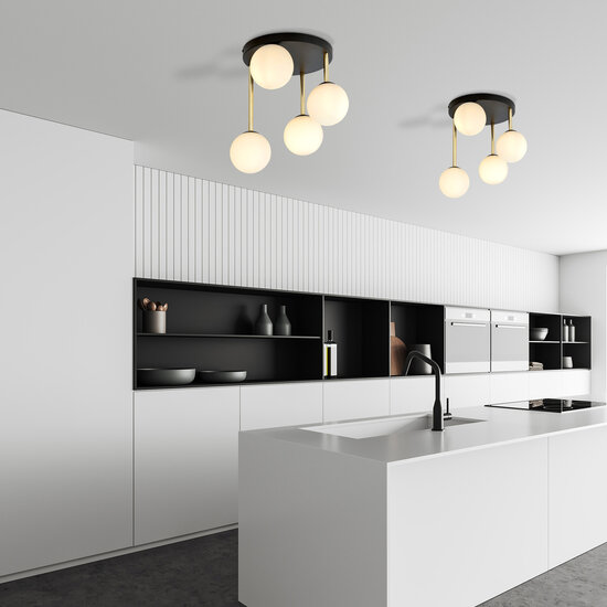 Emibig Emibig Trendige schwarze Deckenleuchte 4x E14 Milchglas und Messingschirme - Ideal für ein stilvolles Interieur