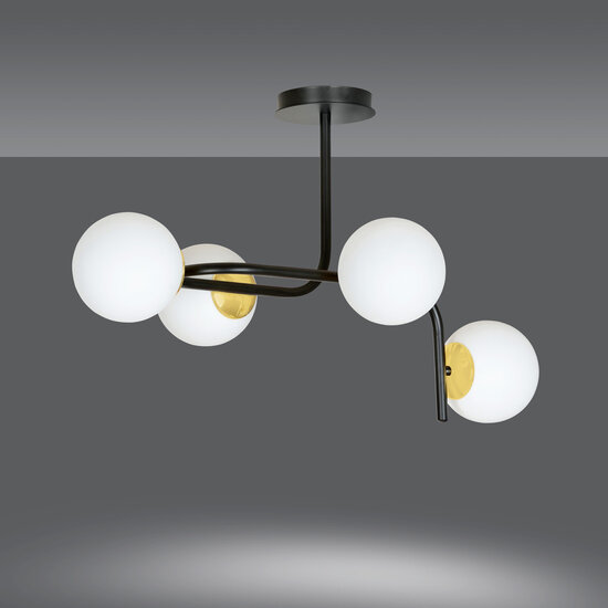 Emibig Emibig Tampere grote zwarte met goud plafondlamp met gebogen armen en 4x E14 in een witte bol - Perfecte verlichting voor moderne interieurs